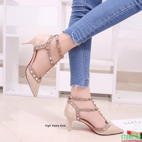 New Pumps Women Shoes Nude Color Rivet High Heels Shoes Pumps Sandals Ankle Strap Poinet Toe Womens Shoes Ladies Shoes