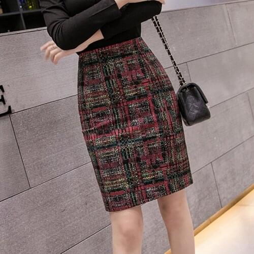 TingYiLi Vintage Plaid Print Pencil Skirts Womens High Waist Short Skirt With Slit Elegant Office Ladies Skirt S-5XL Plus Size