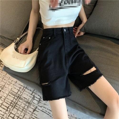ZG1837 summer 2021 new female hole high waist loose women fashion black big size thin section denim shorts cheap wholesale