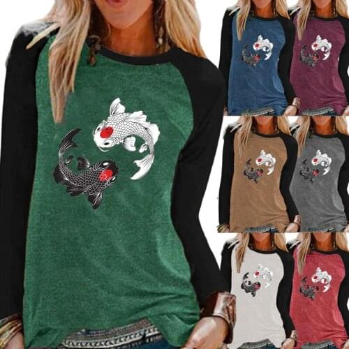 Autumn New Arrival Ladies Fashion Casual Long-sleeved Round Neck T-shirt Kois Print Loose Top Contrast Color Plus Size XS-5XL