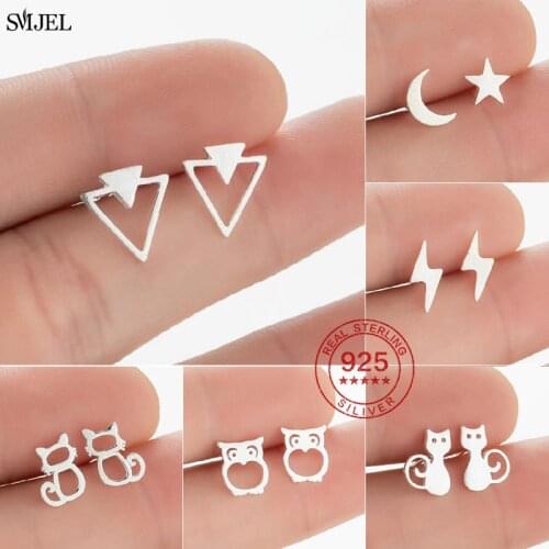 Punk 925 Silver Triangle Earrings for Women Men Minimalist Trendy Geometric Jewelry Crescent Moon Star Earings Piercing