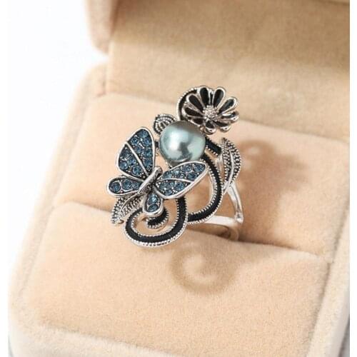 2021 Trendy Blue Ink Pearl Butterfly Crystal Female Ring For Engagement Wedding Jewelry Accessories Copper Rings For Woman