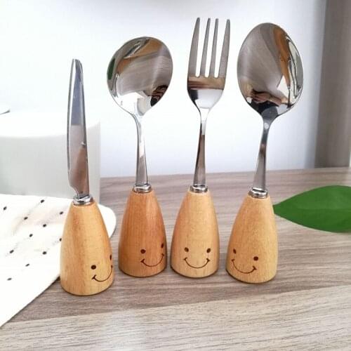 403 Stainless Steel Cute Smiley Wooden Handle Knife Fork Spoon Round Spoon Stainless Steel Tableware Wooden Handle