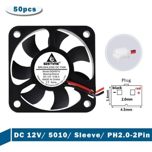 50pcs Gdstime 5010s 50mm x 10mm DC 12V 2Pin Brushless Mini Cooling Heatsink Axial Fan 50MM 10MM 5cm Laptop 3D Printer Cooler Fan