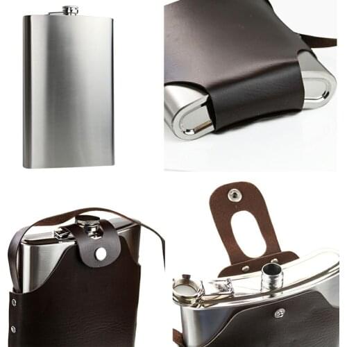 64 OZ Large Thick Stainless Steel Hip Flask Outdoor Portable Flat Wine Bottle Mens Utensils Leather Case Camping Accessory