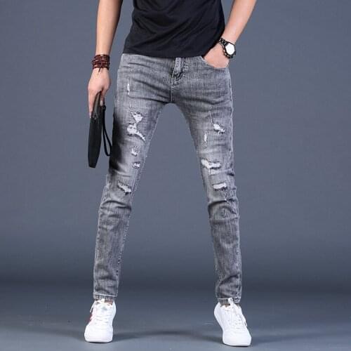 Mens Hole Jeans Pants Casual Summer Autumn Male Ripped Slim Fit Trousers Streetwear Gray Denim Pants