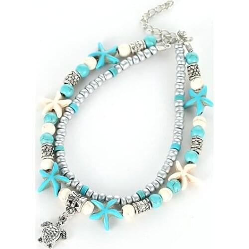 Boho Style Double Strand Chains Blue Stone Starfish White Beads Vivid Sea Turtle Pendant Vintage Silver Plated Anklets For Women