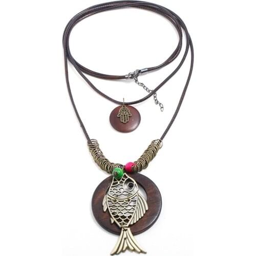 Korea Girl Vintage Ornament Geometry Wooden Alloy Acorn Big Leaves Pendant Sweater Necklace for Women Simple Jewelry Accessories