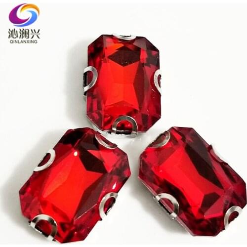 Red Rectangle octagonal shape Glass Crystal sew on Anti hook D shape claw rhinestones,Diy Clothing accessories SWCD06