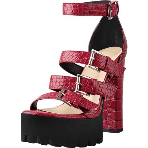 Richealnana Summer Platform Sandals Chunky High Heels Ankle Strap Multiple Buckles Band Red Matte Crocodile Print Plus Size