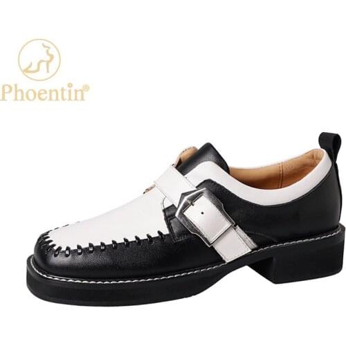 Phoentin Womens Autumn new British loafers Genuine Leather mid Heels pumps 2021 Fashion square toe mules Retro shoes FT1669
