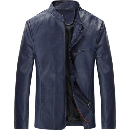 Mens Leather Jacket Casual Slim Fit Stand Collar Leather Coat