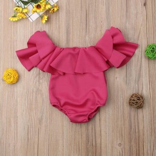 Newly Pretty Infant Kids Baby Girls Summer Bodysuits Short Ruffles Sleeve Off Shoulder Solid Jumpsuits Outfit 0-12M