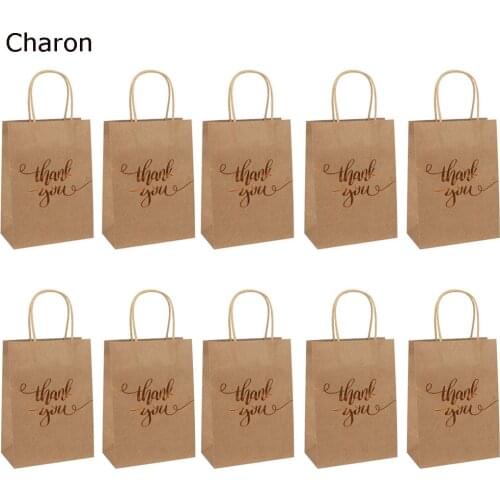 10Pcs Shopping Bags Gift Bags Gold Foil Thank You Brown Paper Bags with Handles for Wedding Birthday Baby Shower Party Favors
