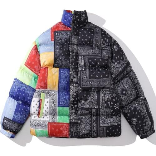 Winter Cashew Cotton Puffer Parka Men Trend Printed Stitching Color Streetwear Harajuku Warm Thick Zipper Padded Jacket Coat