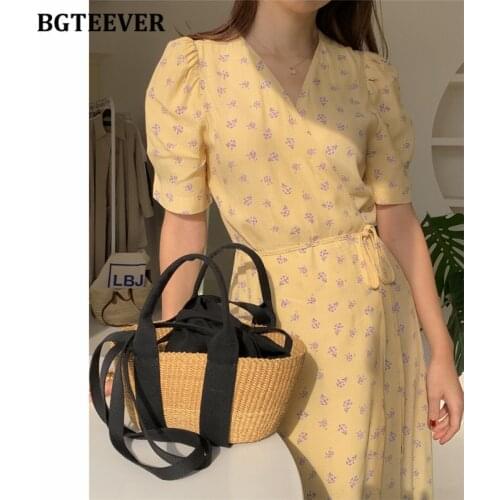 BGTEEVER Summer V-neck Floral Women Dress Elegant V-neck Puff Sleeve Female Long Dress Lace-up Ladies A-line Vestidos 2021