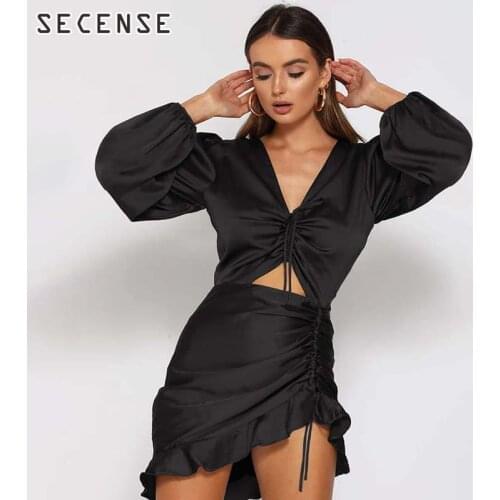 Dresses Women Deep V Neck Lantern Sleeve Drawstring Mini Dress Sexy Ladies Satin Black Elegant Bodycon Party Night Club Beach