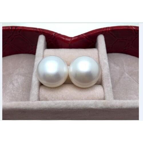 PAIR HUGE 14-15MM NATURAL SOUTH SEA GENUINE WHITE ROUND PEARL STUD EARRING 14k