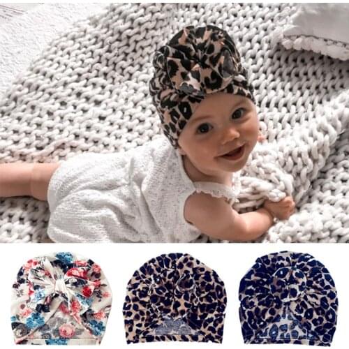 Leopard Printed Baby Hat Autumn Winter Newborn Turban Bows Knot Flower Baby Girl Boy Beanie Hat Bonnet Cap Photography Props