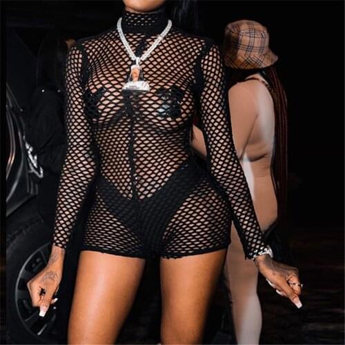 Streetwear Sexy Black See-Through Mesh Hole Long Sleeve Women Playsuit Romper Turtleneck Skinny Shorts Zip Up Nightclub Jumpsuit