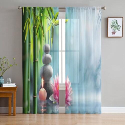 Plant Bamboo Lotus Stone Candle Sheer Curtains for Living Room Tulle Curtain for Bedroom Kitchen Window Voile Curtains