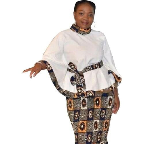 African Print Women Outfits Stand Collar Patchwork Tops And Skirts Ankara Fashion Female Groom Suits Dashiki Shirt With Belt