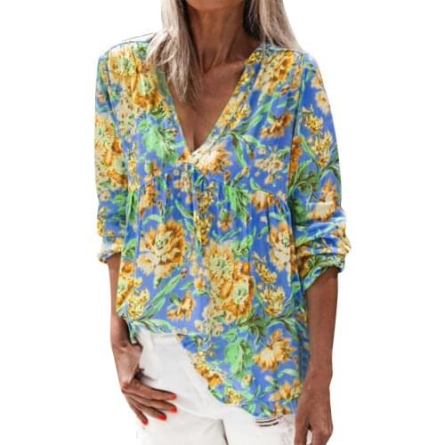 Fashion Floral Print Blouse Female Vintage Pullover Oversized Autumn Blouses Casual Long Sleeve Tops Harajuku Soft V-neck Блузки