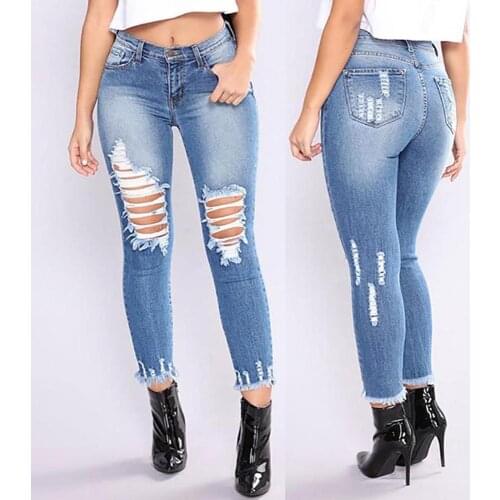 Women Denim Skinny Trousers Ripped Jeans For Women 2021 New Hole Vintage Pencil Pants High Elasticity Stretch Trousers
