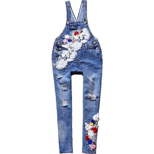 2020 new Embroidery Denim Jumpsuit Hole Loose Beaded Jean Pants Casual Women Rompers Overalls