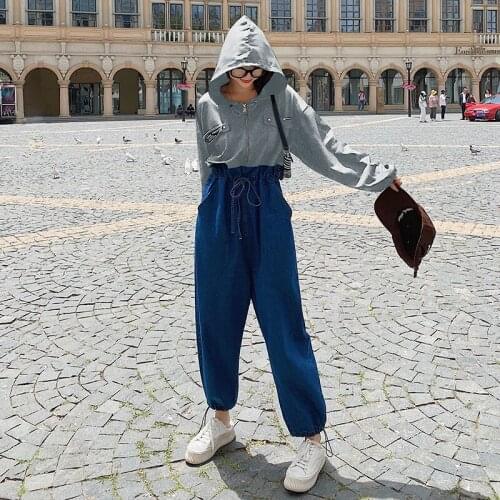Women Fashion Splice Jeans Jumpsuit Spring Fall Streetwear Hip Hop Harem Denim Overalls Loose Hooded One Piece Cargo Pants 3351