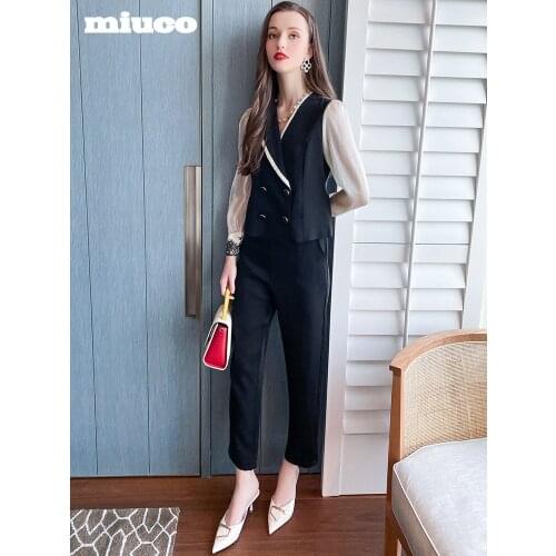 Contrast stitched lantern sleevesVCollar top+High waist suit pants suit women 2021 Spring new High Quality Top Quality