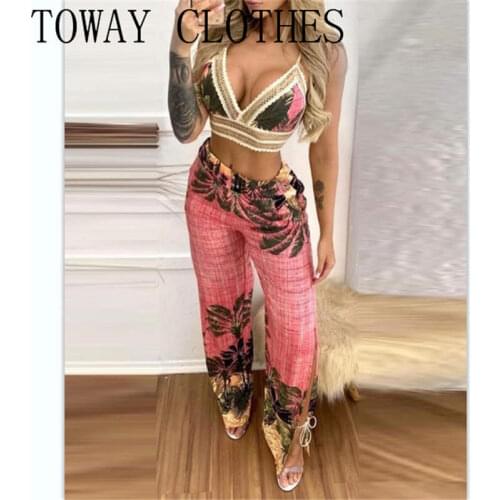 Summer Women V-Neck Sleeveless Tropical Print Lace Trim Crop Top & Slit Pants Set Vacation Suit