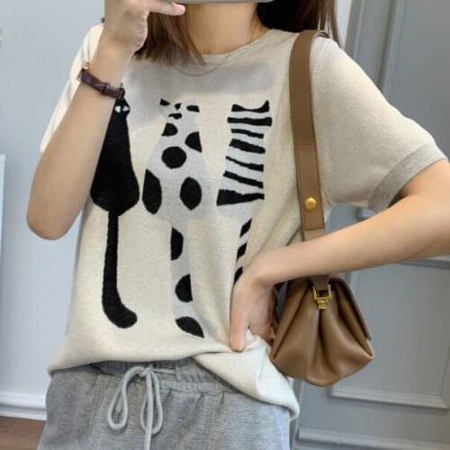 Jacquard cat retro knit tencel short-sleeved T-shirt women women winter sweater clothes set 2020 fashion ladies clothes