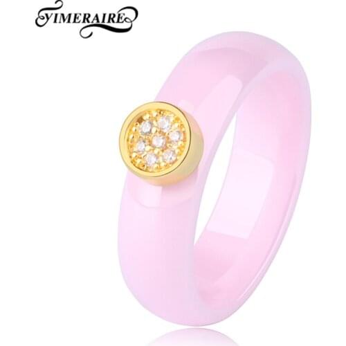Sweet Pink Smooth Ceramic Finger Rings With Round Gold Bling Crystal For Women Female Jewelry Accessory 6mm Width Scratch Proof