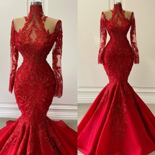 2021 Red Formal Dresses Beaded Evening Gowns High Neck Long Sleeve Mermaid Prom Dress Illusion Custom Made Vestidos De Fiesta