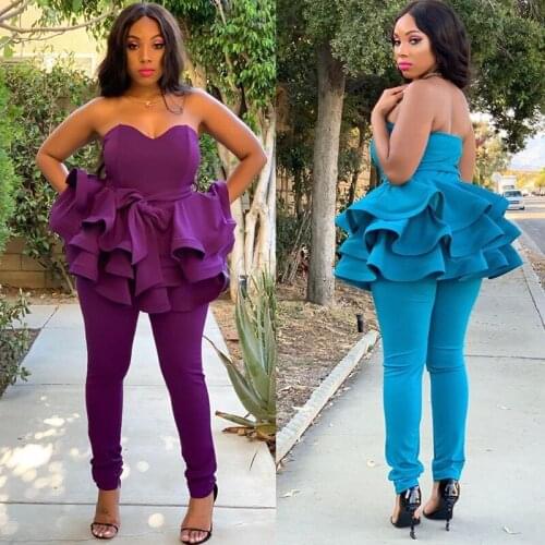 Elegant Ruffles 2 Piece Set Women Off Shoulder Strapless Top and Pencil Pants Legging Sexy Night Party Club Two Piece Outfits