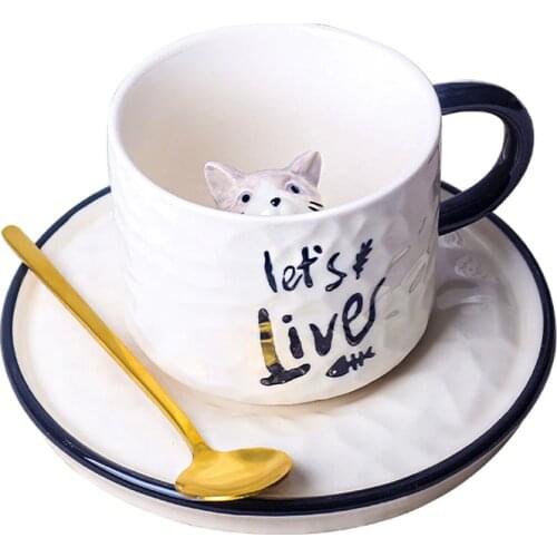 280ml cute cat ceramic mugs 3D creative coffee mug funny coffee cup with saucer Korean style cat milk cup Spoon Included