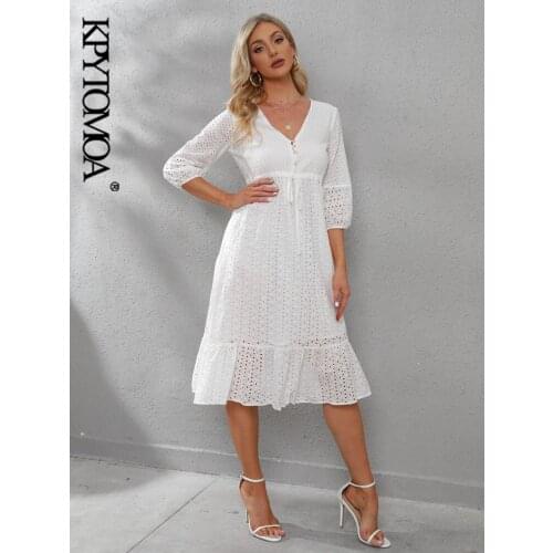 KPYTOMOA Women 2021 Chic Fashion Hollow Out Embroidery Midi Dress Vintage Three Quarter Sleeves Drawstring Female Dresses Mujer