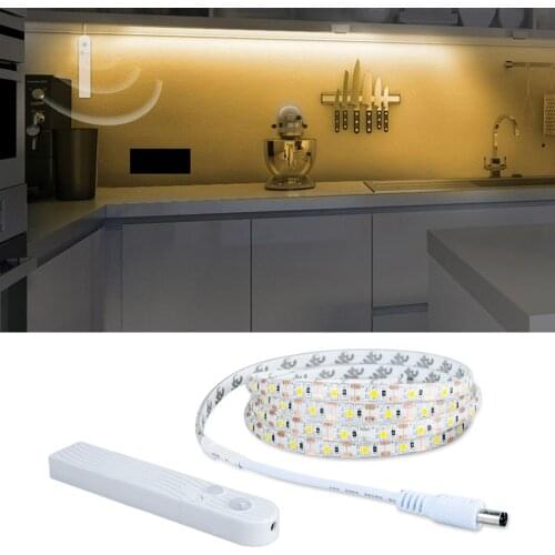 Kitchen LED Lights with PIR Motion Sensor 1m 2m 3m 5V AAA Battery Operated Under Cabinet Light Bedside Closet Stairs Tape Lamp