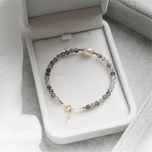 Natural Fidelity Black Quartz Rutilated Beads Bracelet for Women Wealth Braided Freshwater Pearls 14K Gold Filled Bracelet Yoga