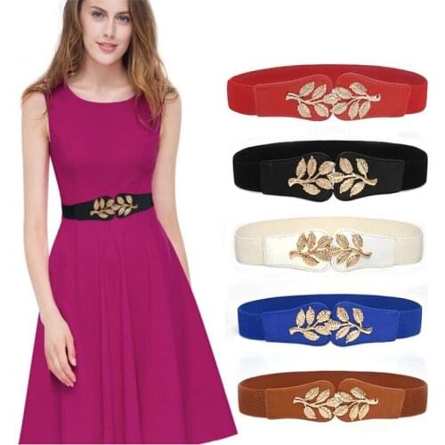 New Fashion Elastic Metal Leaf Buckle Belts For Women Dress Accessories Retro Waistband Blue Pink White Black Adult Belt
