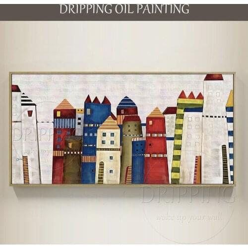 New Design Artist Hand-painted High Quality Colorful Houses Oil Painting on Canvas Modern Building Oil Painting for Living Room