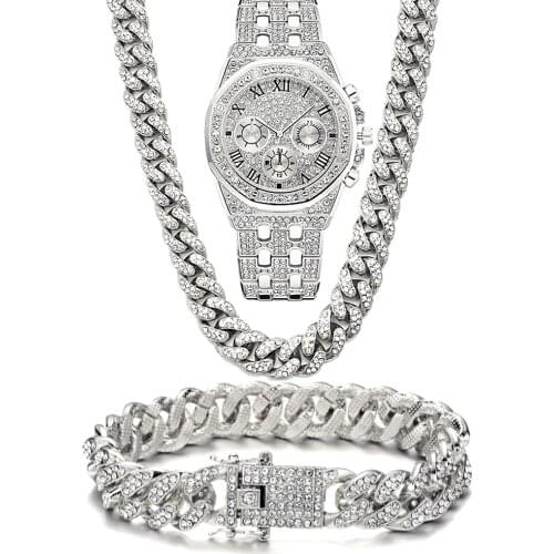 Luxury Iced Out Watch for Men Women Hip Hop Miami Bling CZ Cuban Chain Big Gold Chain Necklace Bracelet Rhinestones Mens Watch