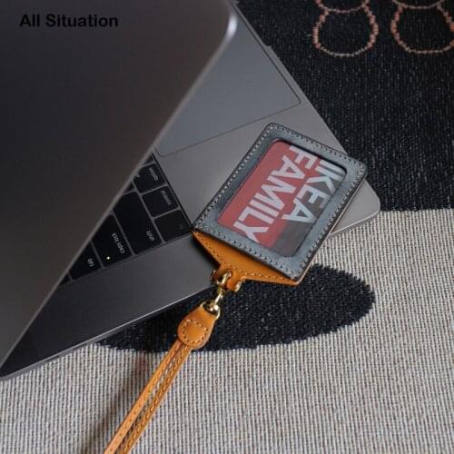 Luxury ID Card Neck Wallet First Layer Cow Leather Handmade High Quality Identity Card Badge For Work Office Bus Card Tag Bag