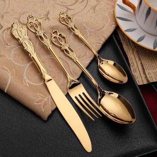 For Vintage Western Gold Plated Cutlery Dining Knives Forks Teaspoons Set Golden Luxury Dinnerware Engraving Tableware