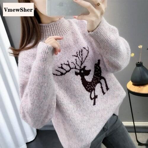VmewSher New Fawn Print Knitted Top Women Sweater Autumn Winter Mock Collar Pullover Casual Retro Basic Soft Knitwear Jumper