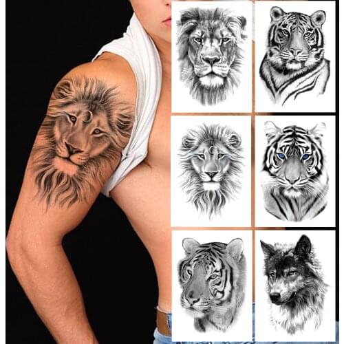 Realistic Fake Lion Tiger Temporary Tattoos For Men Women Adult Animal Black Wolf Tattoo Sticker Disposable Tatoo Water Transfer