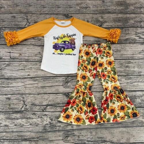 High quality children fall/winter outfit girl truck and sunflower pattern clothing set baby girls outfit