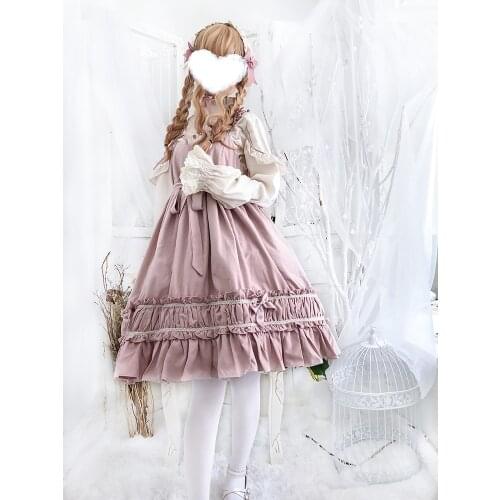 Japanese soft girl lolita dress JSK strap with OP long sleeve top with hair band