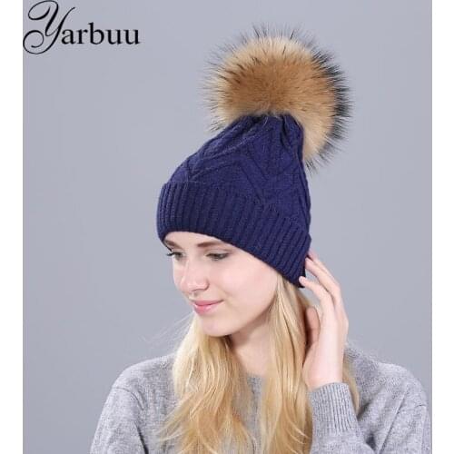 [YARBUU] real mink pom poms wool fur knitted winter hat for women female fashion skullies casual ski caps thick warm solid hats
